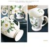 Fine Bone China Coffee Mugs Set of 4, Hand Drawn Gold Rimmed Floral Mugs, Porcelain Bone China Tea Cup with Lid, 300ml Elegant Office Home Tea Sets