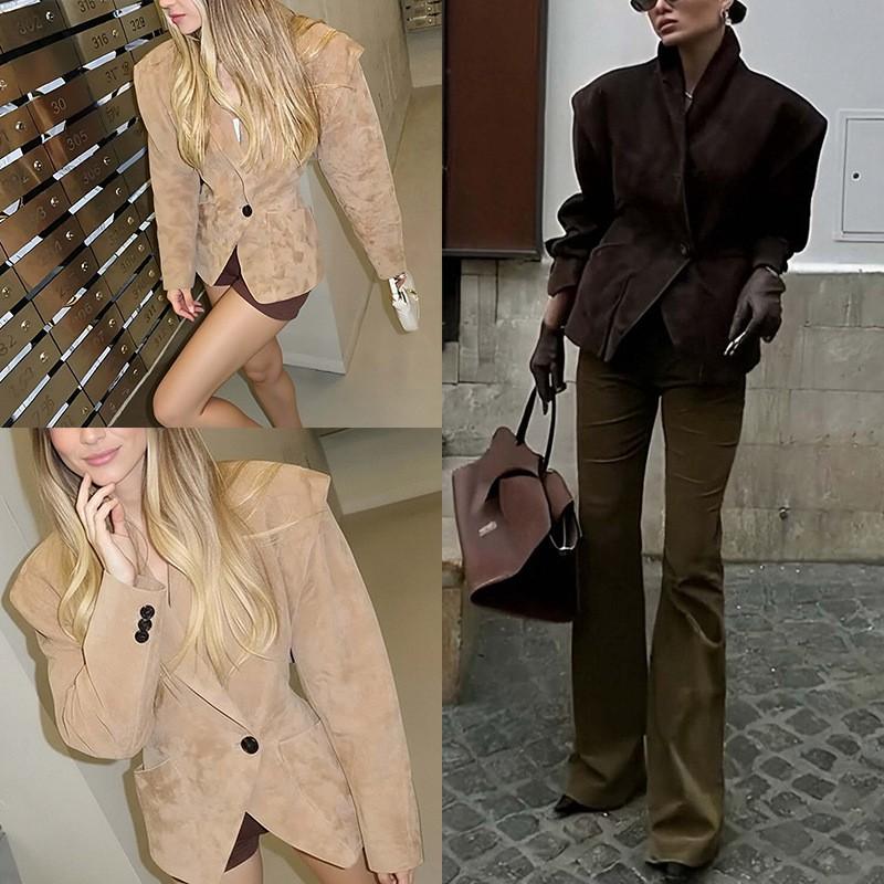 2026 Womens Solid Color Patchwork Buttoned Blazer Jacket V-Neck Long Sleeve Office Wear