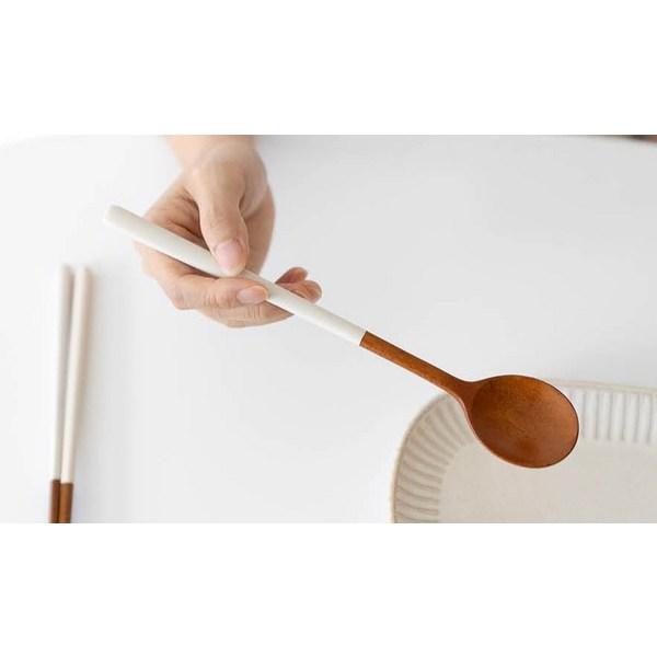 Nicot Wood 2-person Round Spoon Set, Ivory, Light Gray, 2 Types of Spoons + 2 Types of Chopsticks, 1 Set, Korean Popular Tableware