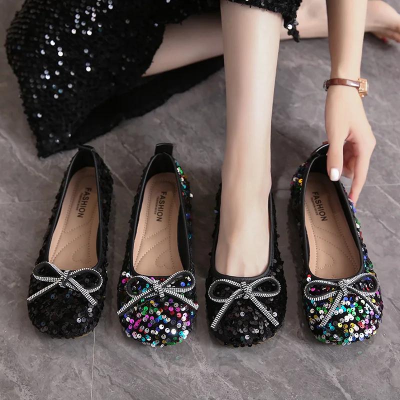 Мода 2025Женские блестящие балетки Повседневная обувь для ходьбы Весна Новые Круглый носок Бантик Женский Модный бренд Платье Zapatillas Mujer