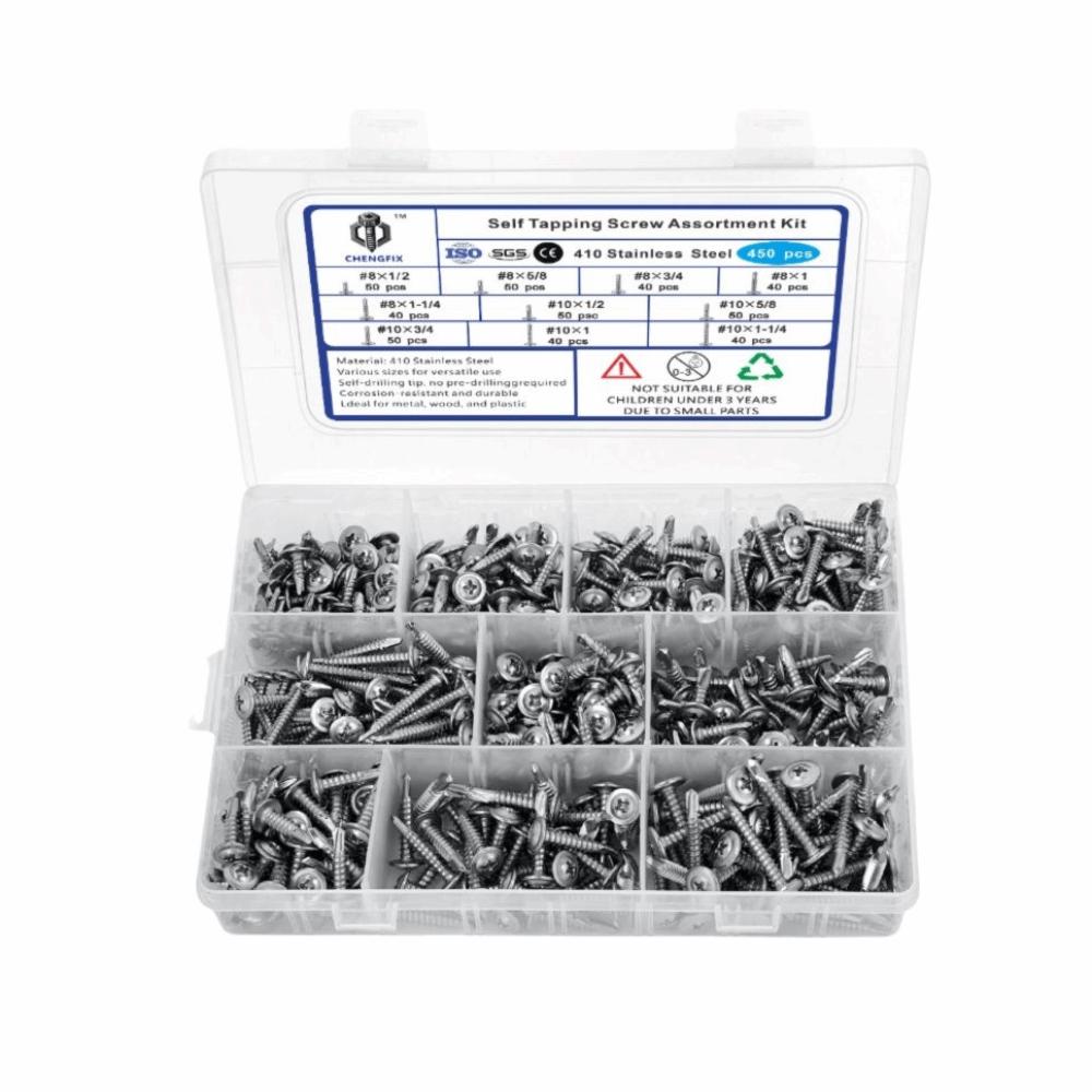 450pcs 410 Stainless Steel Self Tapping Screws Hex Head Flat Head Screws Multiple Purpose