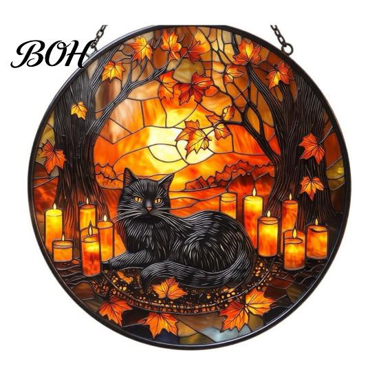 Witchcraft Aesthetic Room Decor Halloween Moon Black Cat Suncatcher Jigsaw Puzzle, 2D Acrylic Mystical Feline Window Hanging Decor, 7.87 Inch