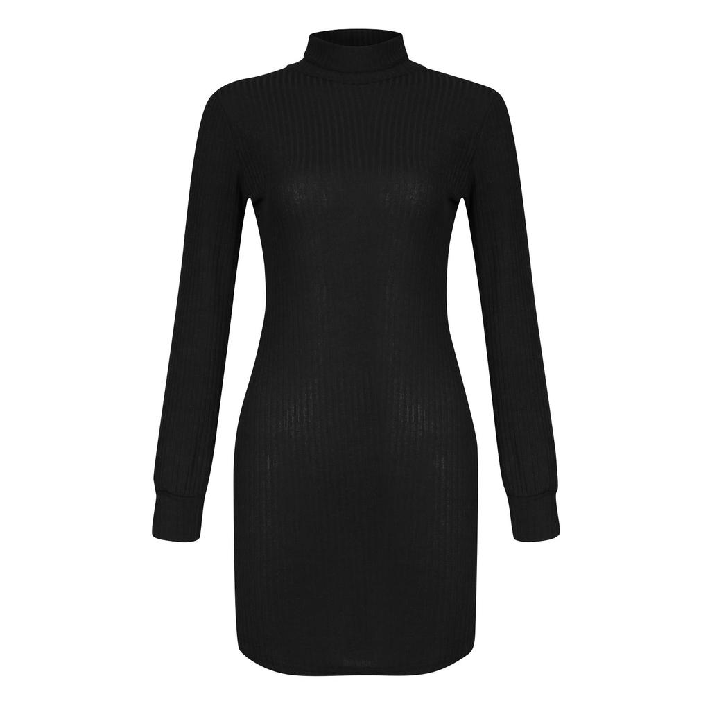Women's Fashion Casual Knitted Long Sleeve Soild Turtleneck Sexy Slim Sweater Dress
