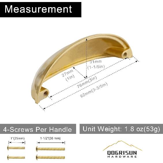 QOGRISUN 5-Pack Unlacquered Brass Cabinet Cup Pulls, Gold Bin Cup Drawer Dresser Handles, 3-Inch Hole Center, Kitchen Cupboard Hardware, Polished