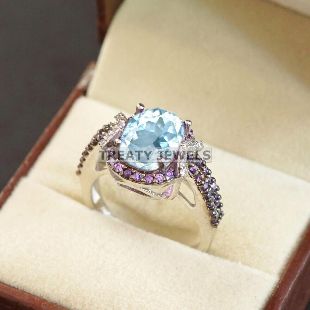 Aquamarine Oval Cut Gemstone With 925 Sterling Silver Ring For Men's #A750 JL375659086012