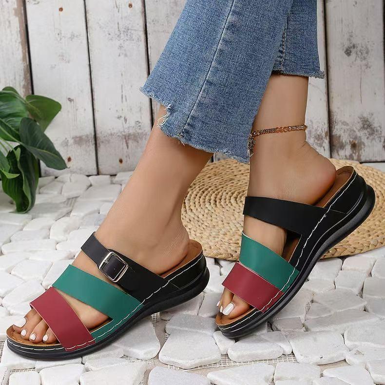 New Wide Width Wedge Sandals for Women Chunky Slide Slippers with Buckle Strap, Fashion Peep-Toe Summer Flip Flops