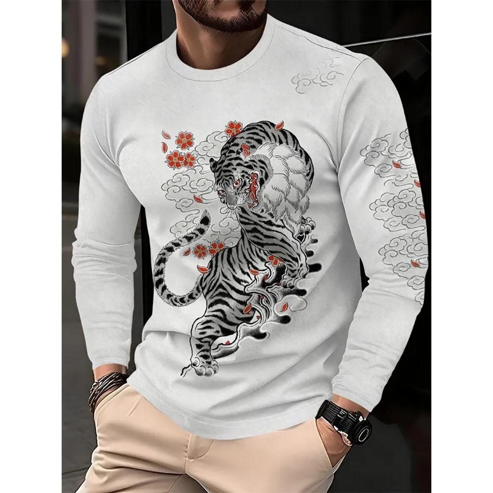 Spring Autumn Fashion Comfortable Loose Soft Casual Versatile Round Neck Long Sleeve T-shirt Creative Animal 3D Printed Men's T-shirt