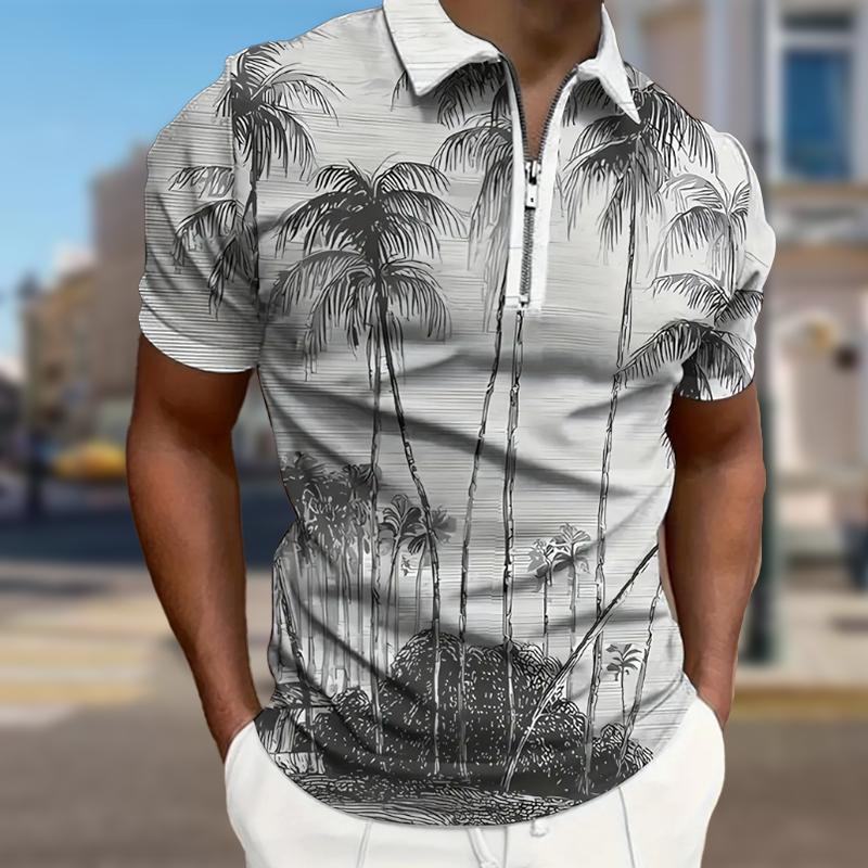 Men's Shirt Polo Casual Zip Short Sleeve Fashion Casual Zipper Summer Spring Regular Fit Coconut Tree 3D Print Shirt