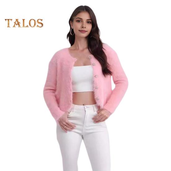 Auutmn Winter Lady Cardigan Coat Furry Plush Single-breasted U Neck Long Sleeves Thickened Solid Color Faux Fur Knitted Sweater Jacket