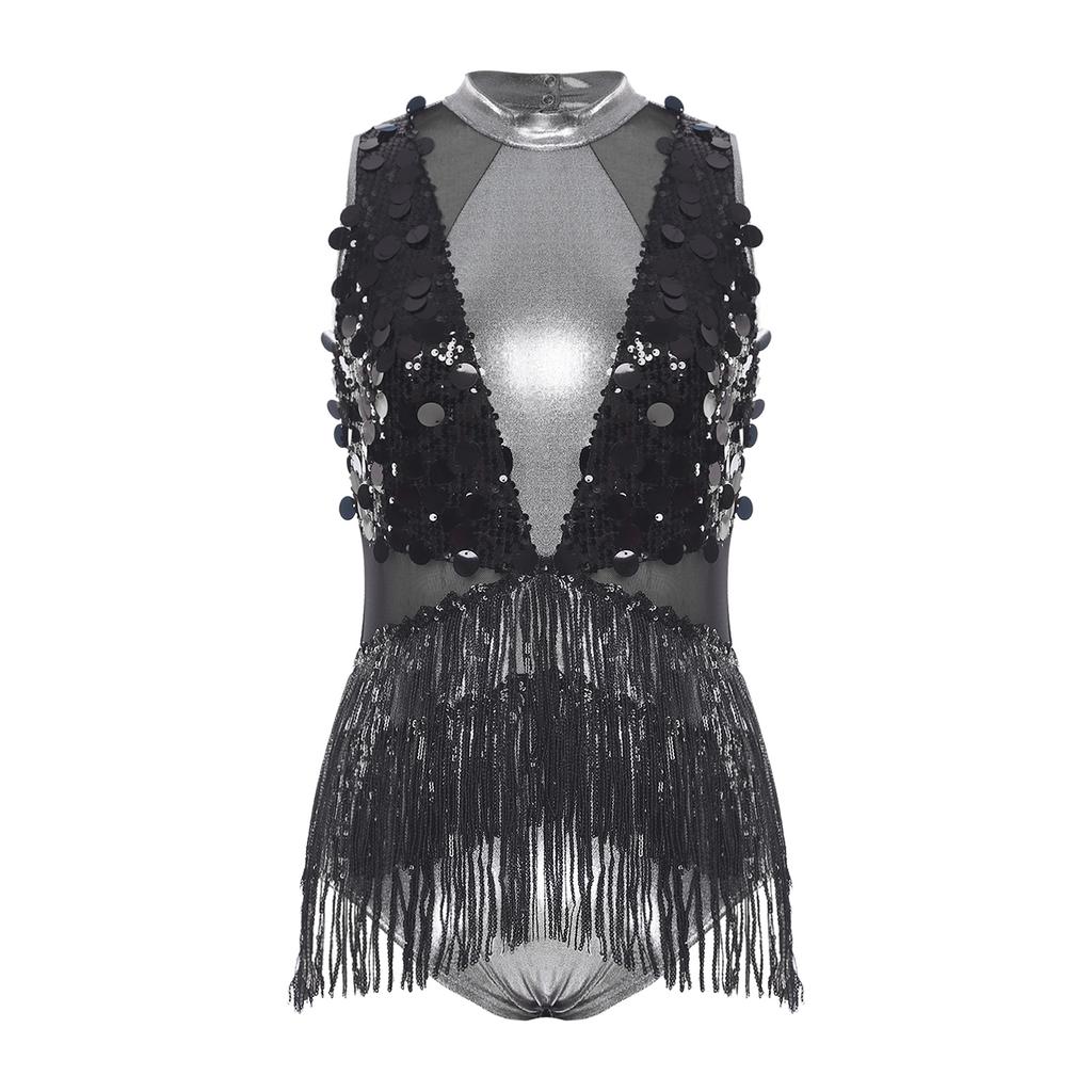 Женский боди для латиноамериканских танцев с дизайном из пайеток и кисточек, без рукавов, с вырезом на спине, металлический, блестящий, пэчворк