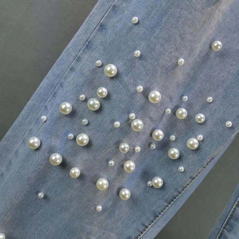 Женские осенне-зимние светло-голубые джинсы большого размера, женские повседневные свободные длинные брюки для бега с эластичной резинкой на талии и жемчугом