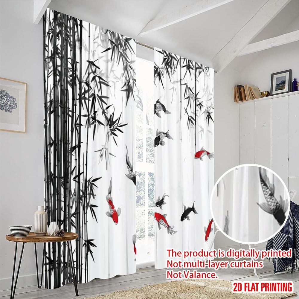 2pcs,2D Plane Printing Curtains&Window Treatment Koi and Bamboo Harmony Versatile Polyester (without Rod) Decorations Inside