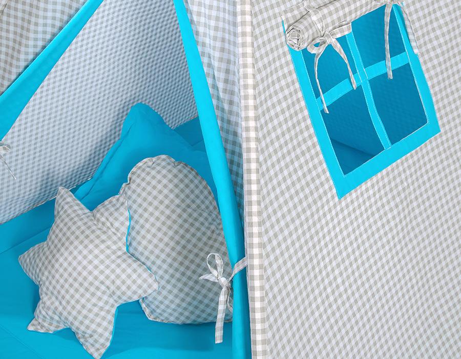 Tipi tent for children + feather pendants - Gray-turquoise check