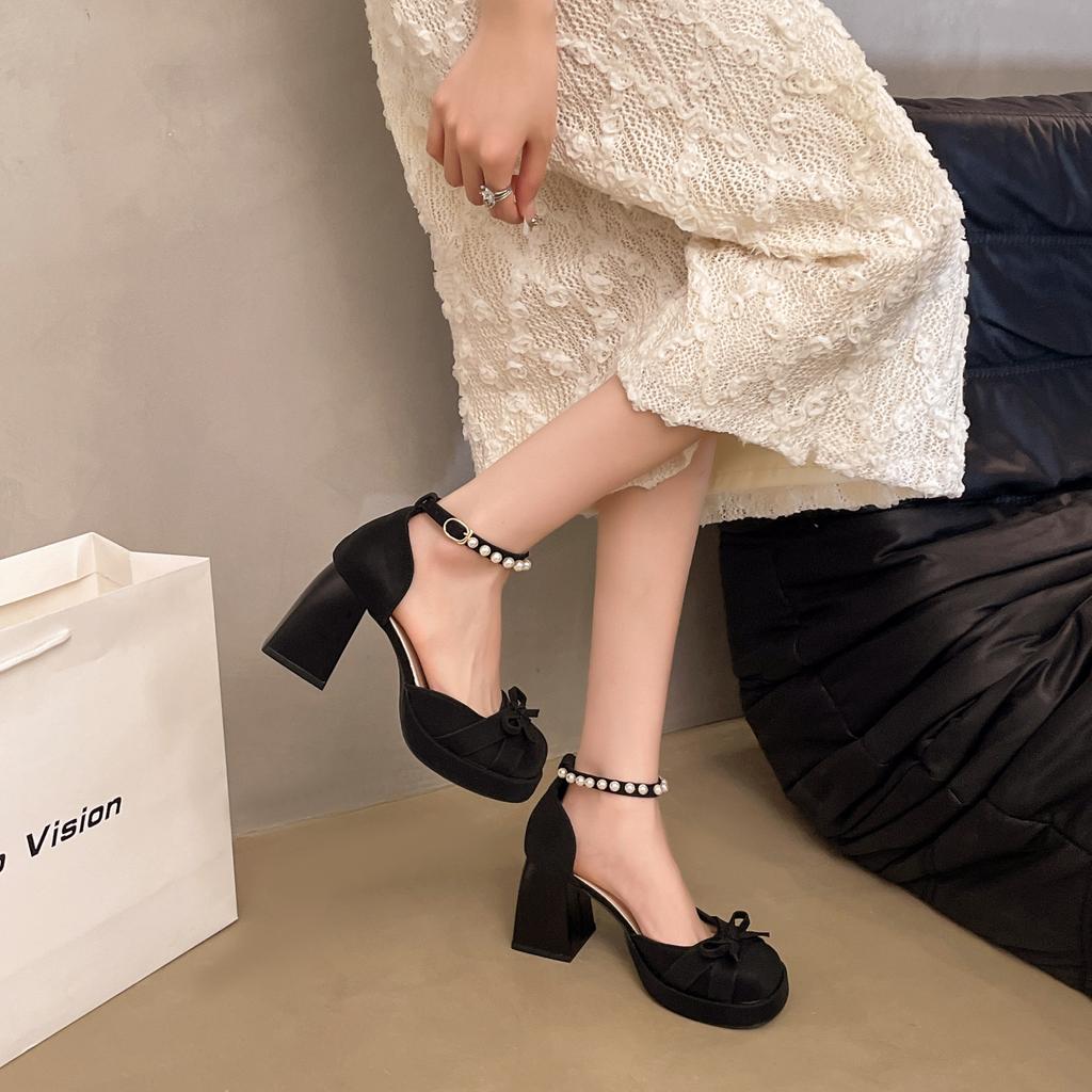 French Sandals Spring 2025 New Popular New Chinese Bow High Heels Temperament Leather Shoes Fairy Single Shoes Woman