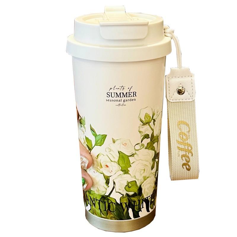 Van Gogh Inspired Insulated Stainless Steel Travel Mug Women Double Drink Cup With Tea Strainer Floral Design Gift