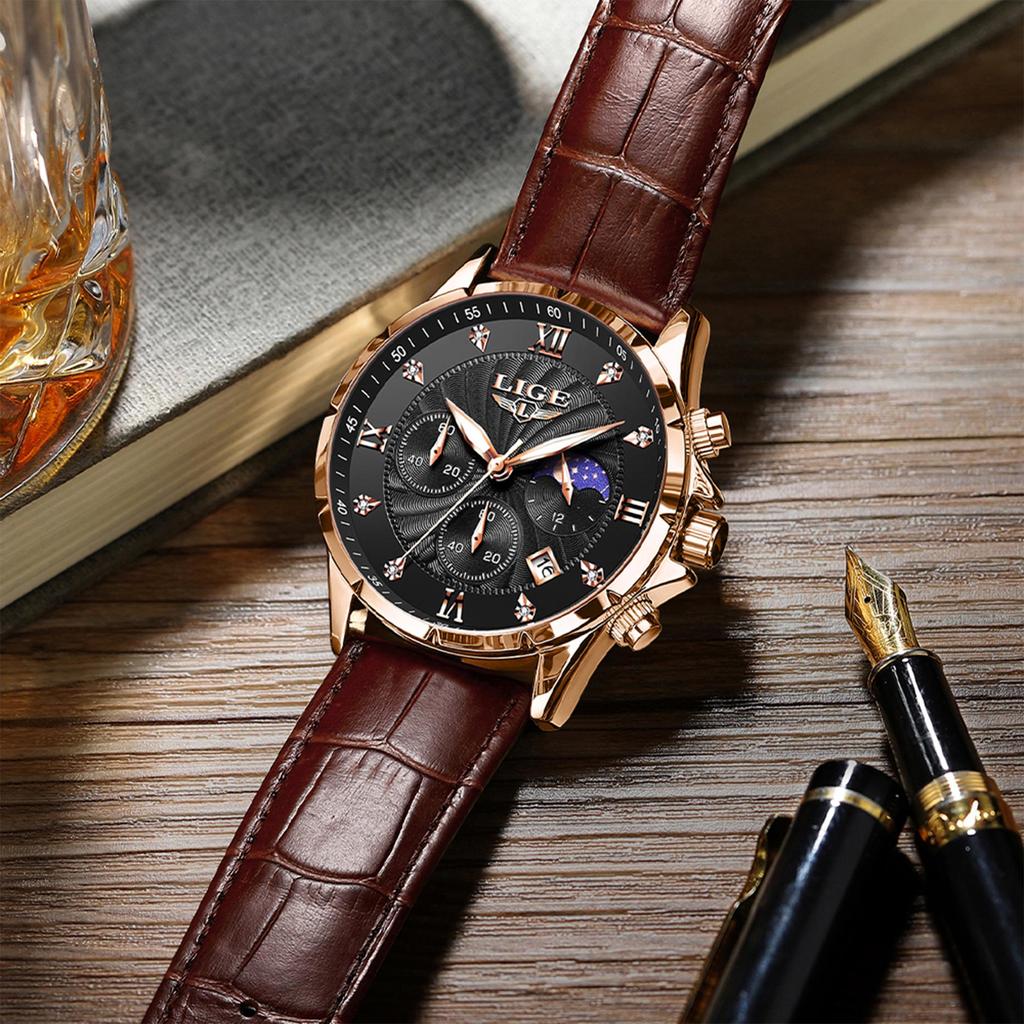 LIGE Men Watch Fashion Casual Luminous Waterproof Chronograph Leather Strap Quartz Watch
