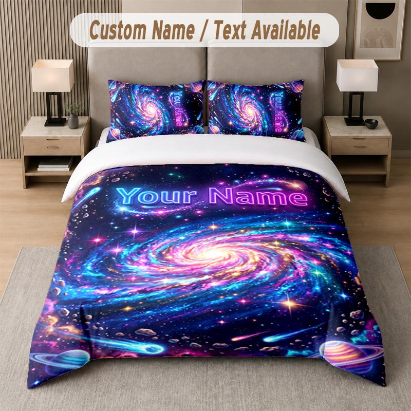 Space Cosmic Theme Custom Text Or Name 3Pcs Bedding Set 1 Flat Sheet & 2 Pillowcases Personalized Home Bedding