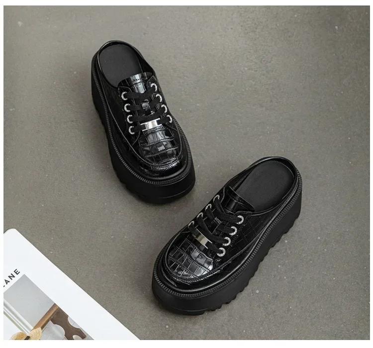 Fashion 8cm 2025 Patent Microfiber Leather Women Slipper Sandals Shoes High Brand Fashion Platform Wedge Flats Summer Lace Up