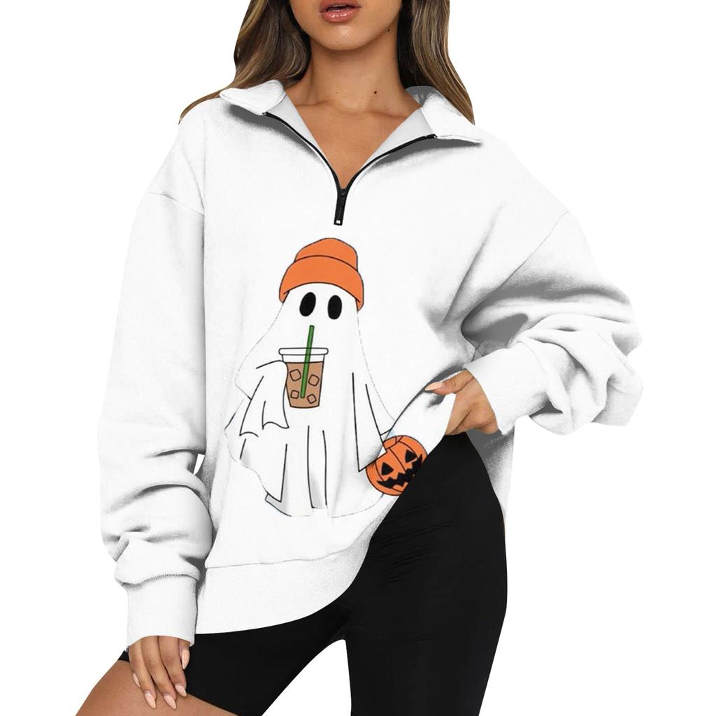 Women's Fashion Casual Long Sleeve Halloween Printed Zipper Turtleneck Drop Shoulder Sweatshirt Top