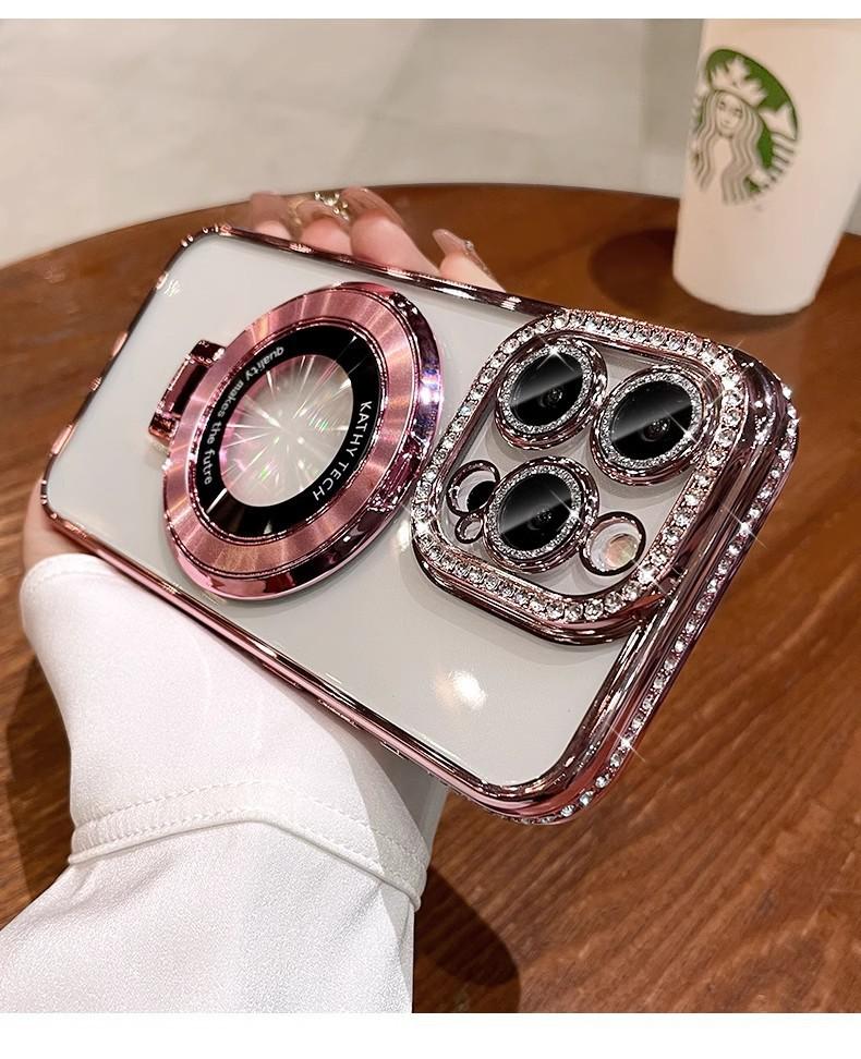 Applicable to Apple 17ProMAX mobile phone case electroplated CD pattern magnetic suction bracket IP16 gradual change rhinestone lens film protection