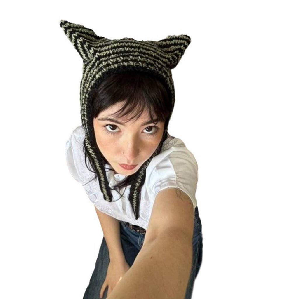 Cat Ear Beanie Hat for Women Harajuku Style Star/Stripe Skull Hat Handmade Crochet Hat Y2K Cool Girls Warm Headpieces