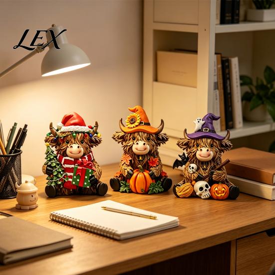 Cute Figurines for Entryway 3Pcs Highland Cow Figurine, Resin Yak Statues Thanksgiving Christmas, Small Gifts Colleagues Farmhouse Tabletop Ornaments