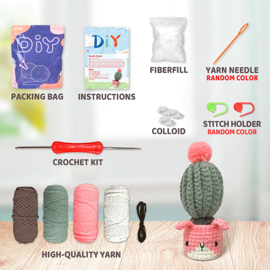 YAMAXIN DIY Набор для вязания крючком из 6 предметов для начинающих, Простой набор инструментов для рукоделия с дизайном на тему животных и кактусов, Проект по вязанию и рукоделию