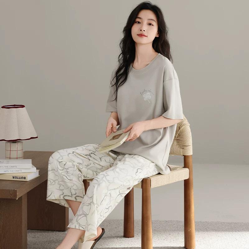 Pajamas with chest pads women's 1011 new summer Modal cotton short-sleeved cropped pants can be worn outside loungewear in summer
