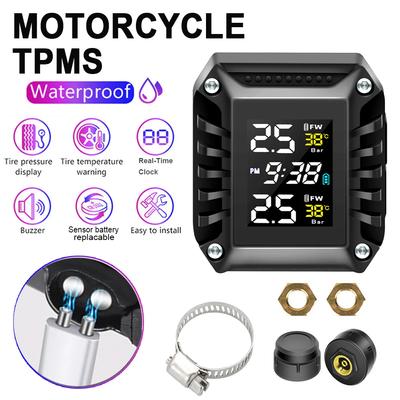 Цветной ЖК-дисплей Мотоциклетная TPMS 2 Внешних датчика Система контроля давления в шинах Водонепроницаемая с сигнализацией температуры шин Отображение времени