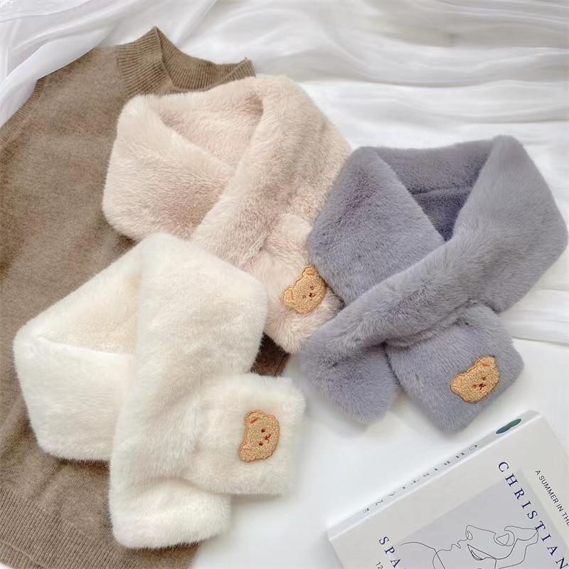 6-13 лет шарфы с рисунком медведя для детей Зимний однотонный мягкий плюшевый теплый шейный платок для девочек Повседневный ветрозащитный короткий шарф