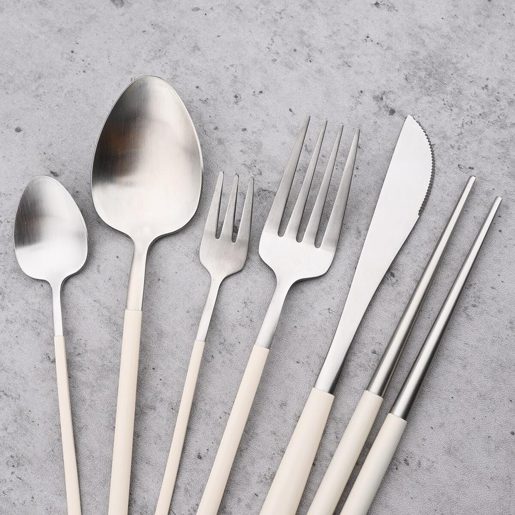 Silver Cutlery Set Dinnerware Knife Cake Fork Tea Spoon Flatware Chopsticks Kitchen Tableware Silverware