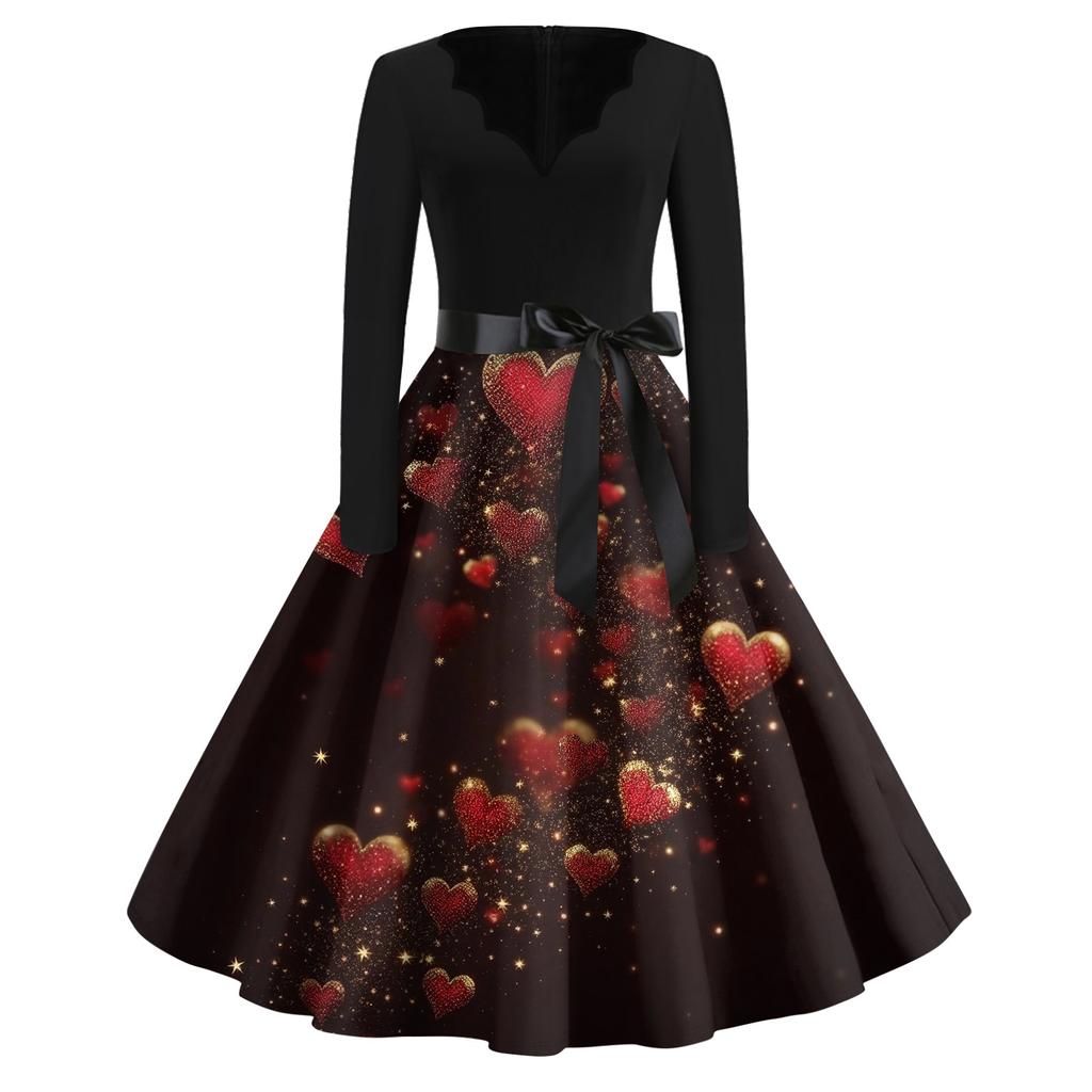 Платье-клеш с принтом для женщин, платье с длинным рукавом, ажурные платья для вечеринок и повседневной носки