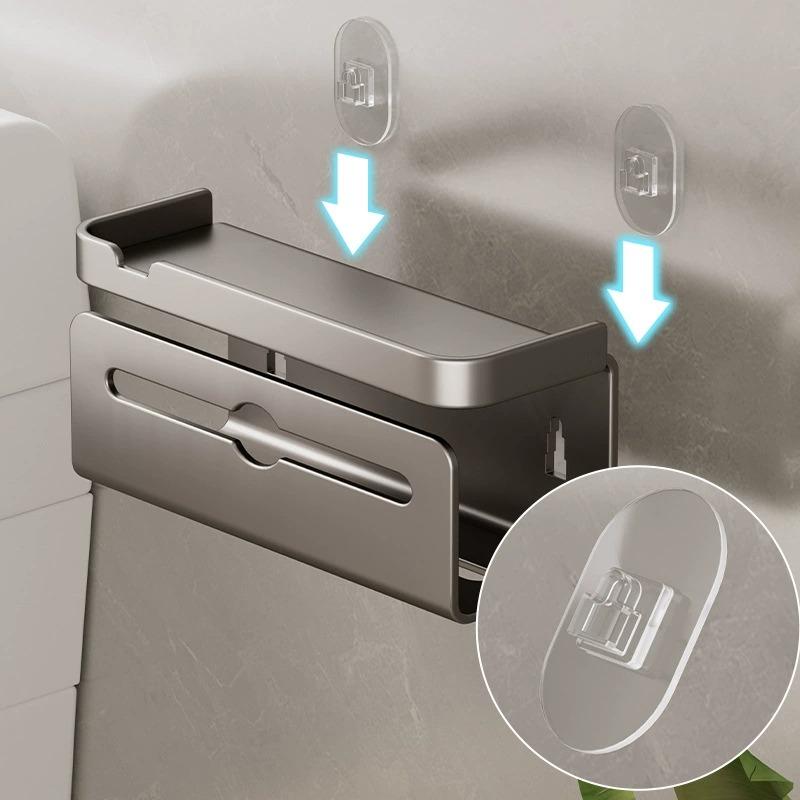 Soporte para papel higiénico montado en pared sin taladrar con estante para teléfono móvil