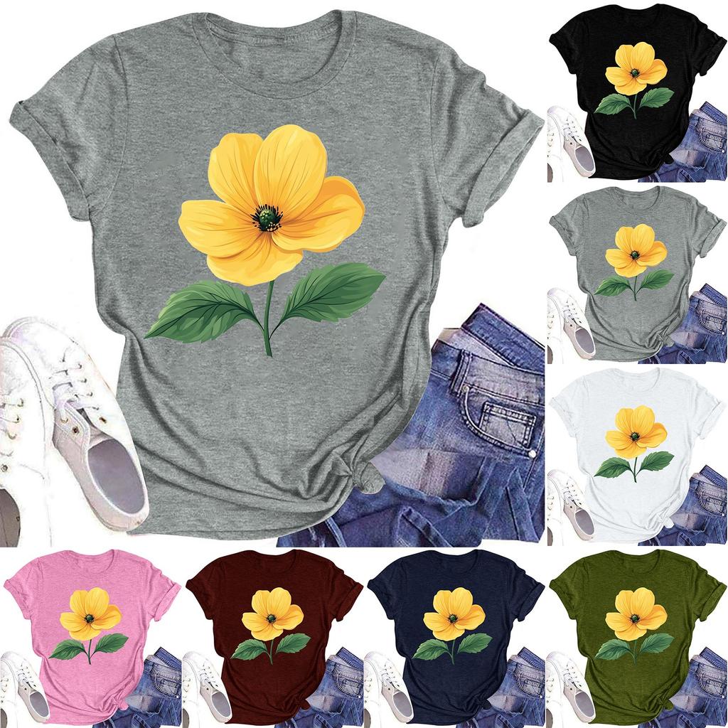 Женская повседневная футболка с круглым вырезом и цветочным принтом, короткий рукав