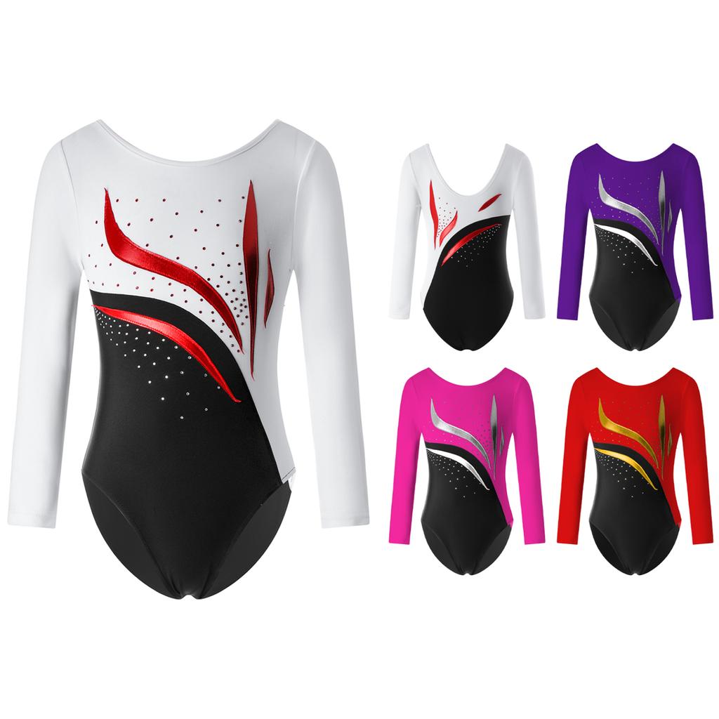 Kids Girls Stylish Clothing Long Sleeve Round Neckline Shiny Rhinestone Decorated Slim Fit Dance Leotards
