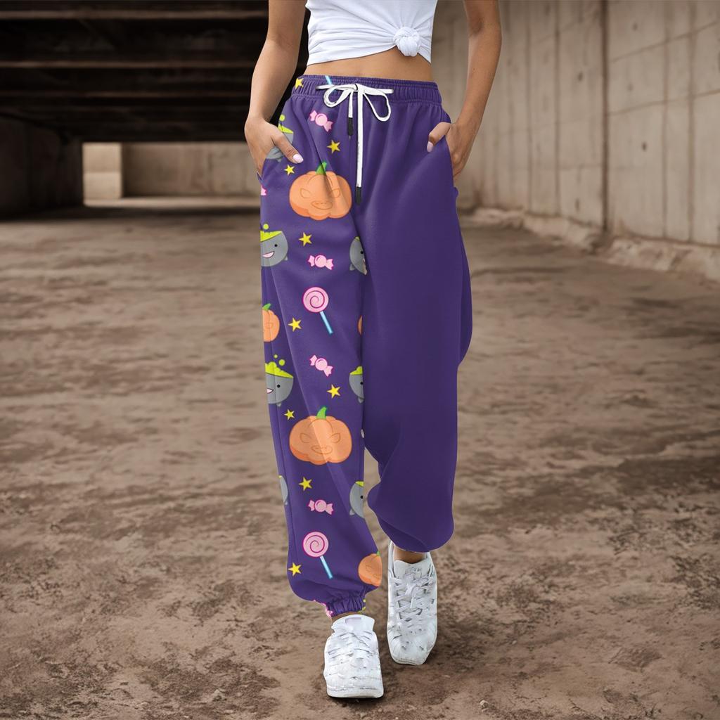 Женские повседневные брюки с принтом на Хэллоуин, эластичные брюки с завязками на талии
