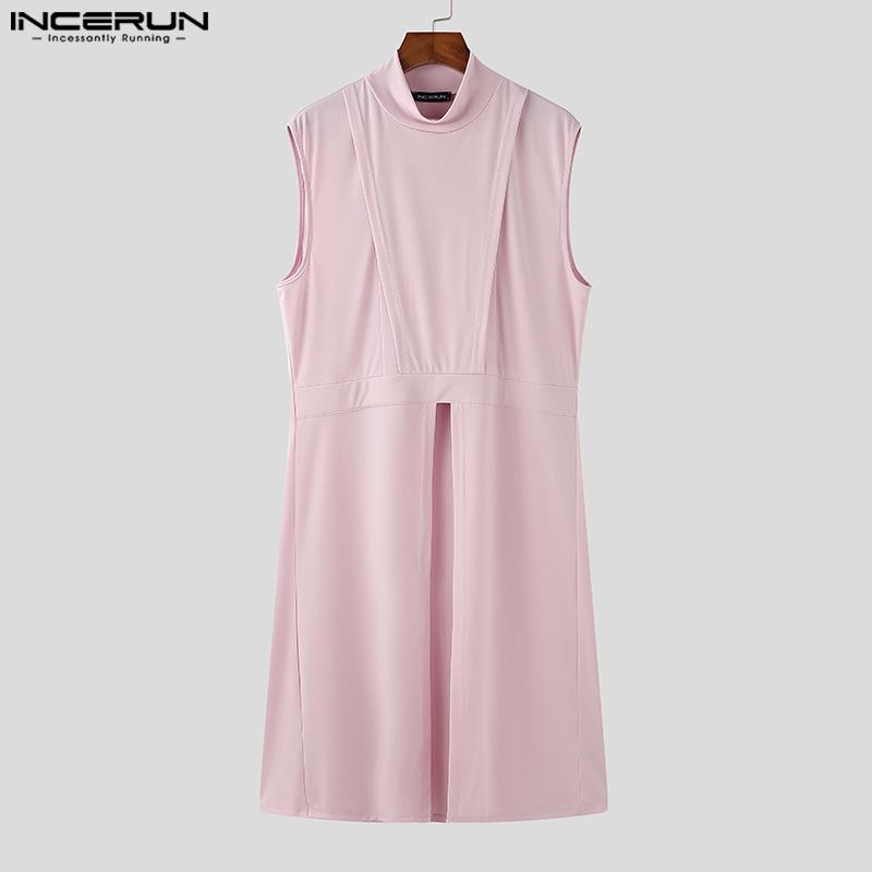 INCERUN Мужские топы-туники без рукавов с вырезом-воротником, длинные, повседневные, футболки