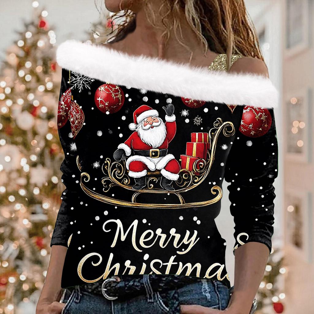Женский повседневный модный топ с длинными рукавами и открытыми плечами с рождественским принтом из плюша