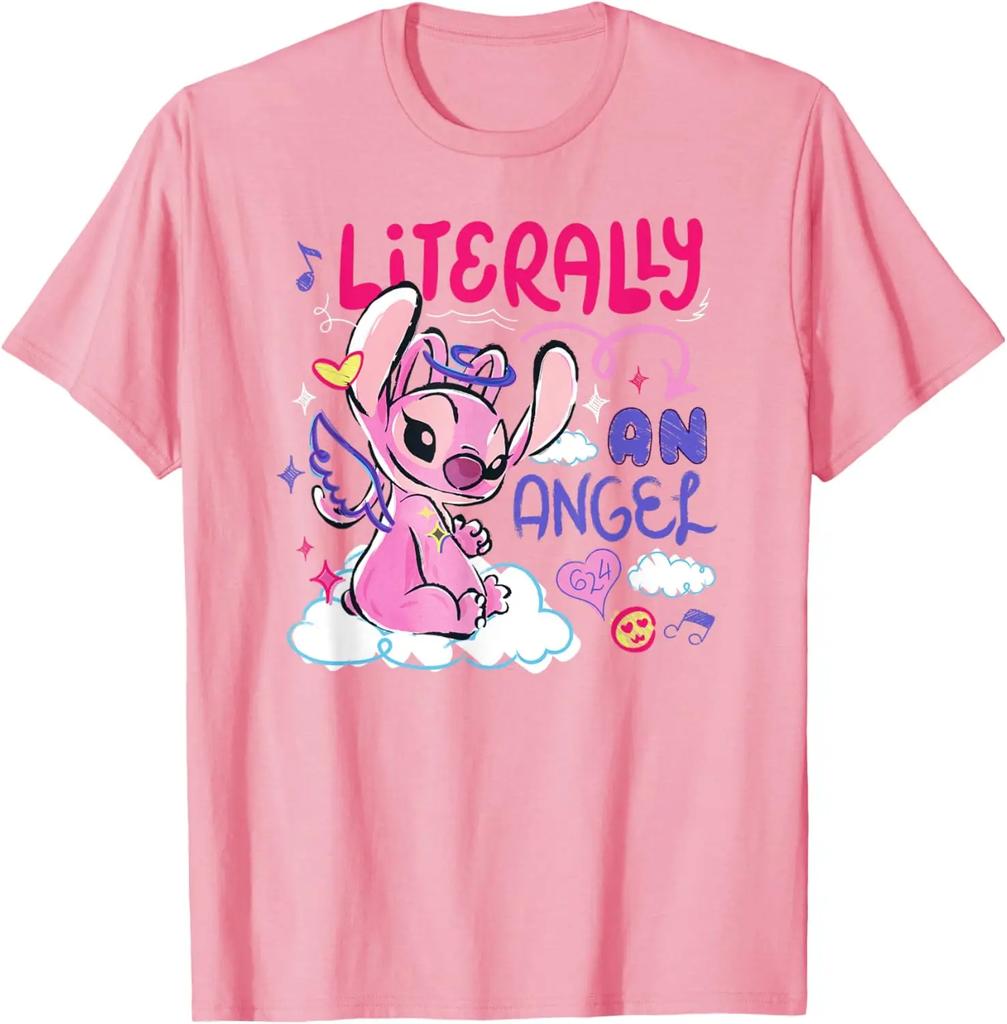 New Lilo & Stitch Literally An Angel Colorful Chest Logo Fashion Casual T-Shirt S-4XL Four Seasons Unisex