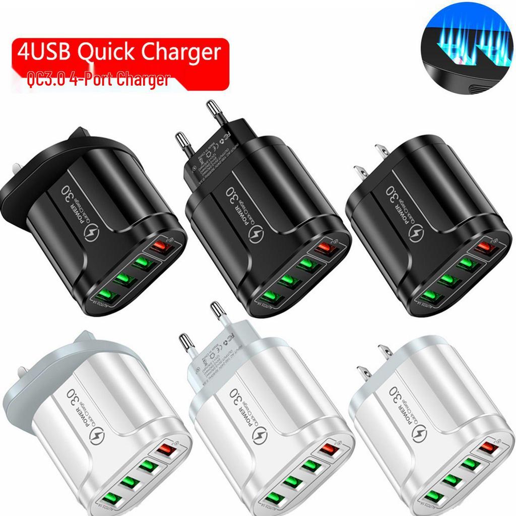 Светящийся многопортовый быстрый зарядник QC3.0, 4 USB, дорожный адаптер (США / ЕС / Великобритания)