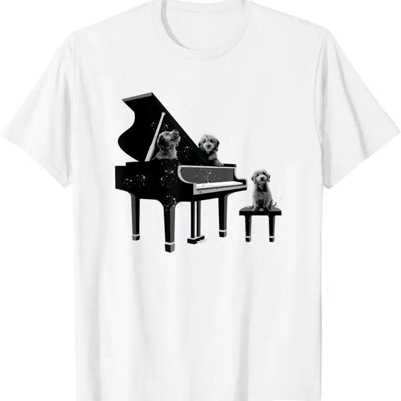 Puppy Dog Playing Piano Music Graphic Unisexs Breathable Cotton TShirt Round Neck Tee