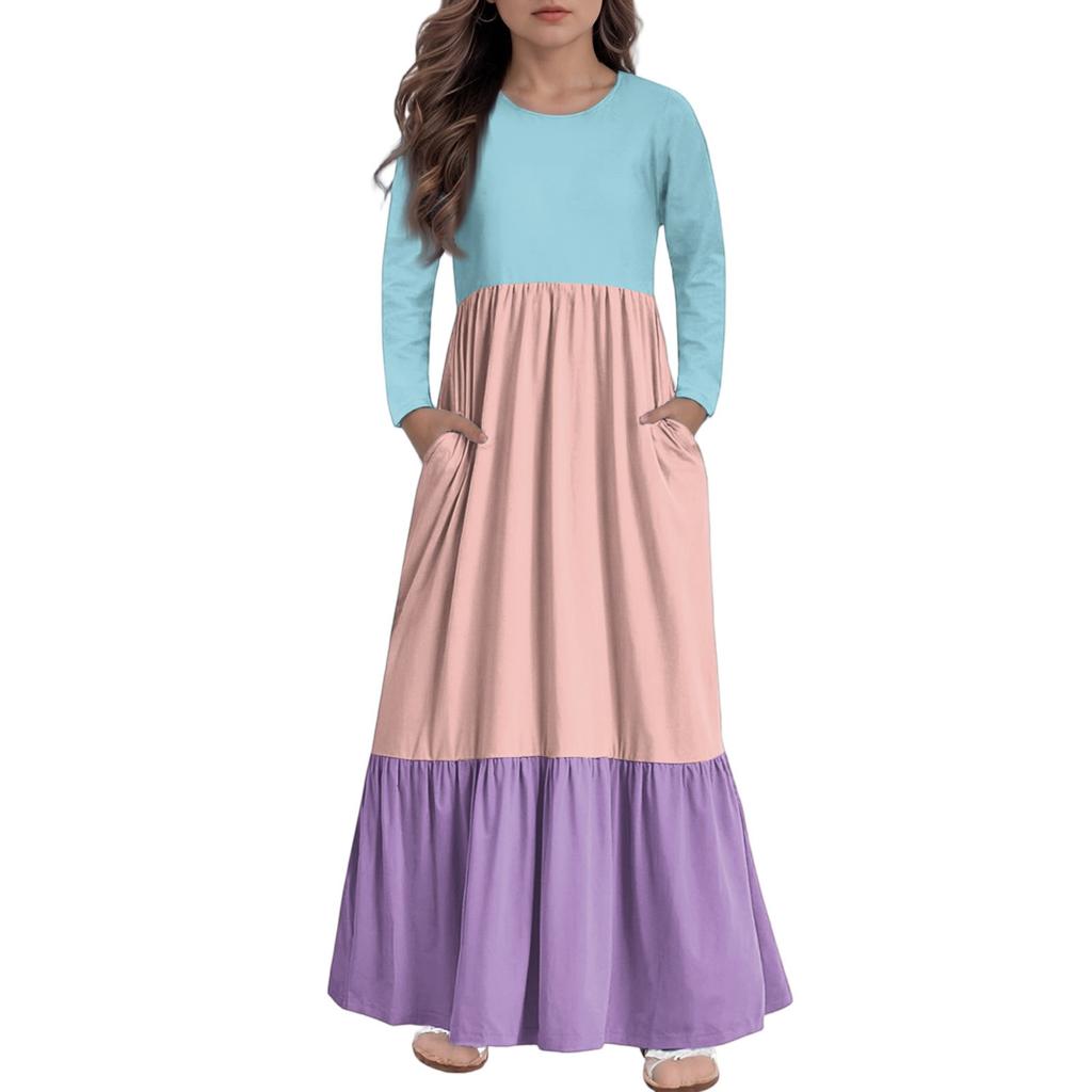 Girls' Maxi Dress Casual Holiday Dresses - Long Sleeve Dress With Pockets For 4-14Y