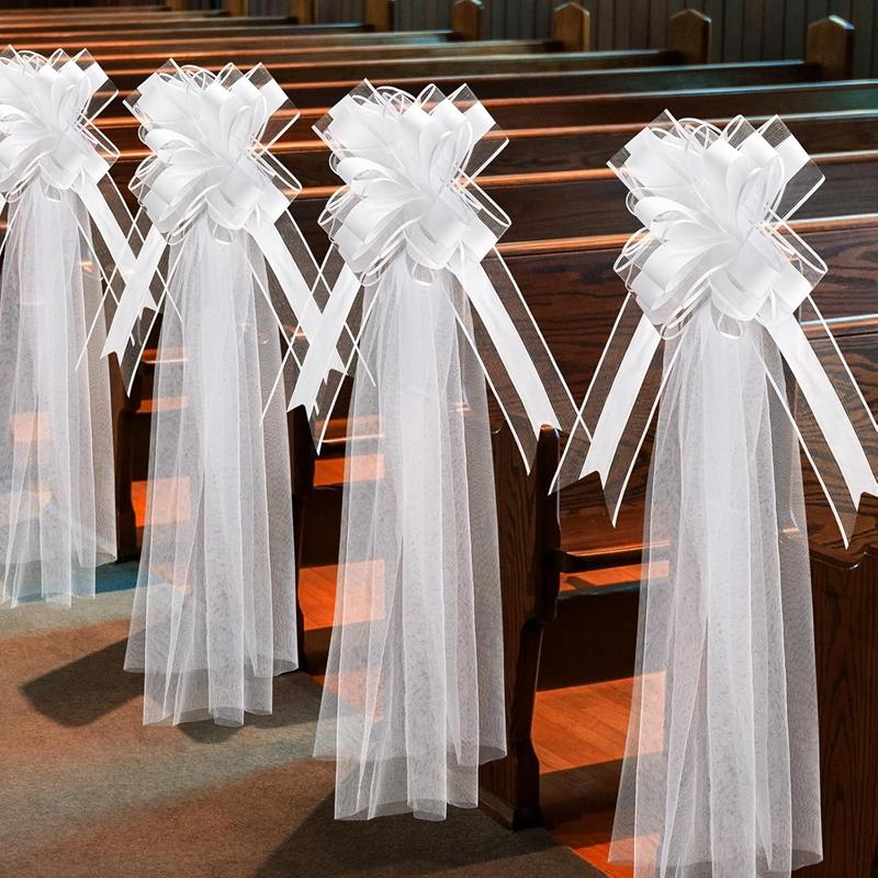 8Pcs/set White Pew Bows with Long Tulle Tails for Wedding Chair Aisle Decorations Bridal Shower Anniversary Birthday Party Decor