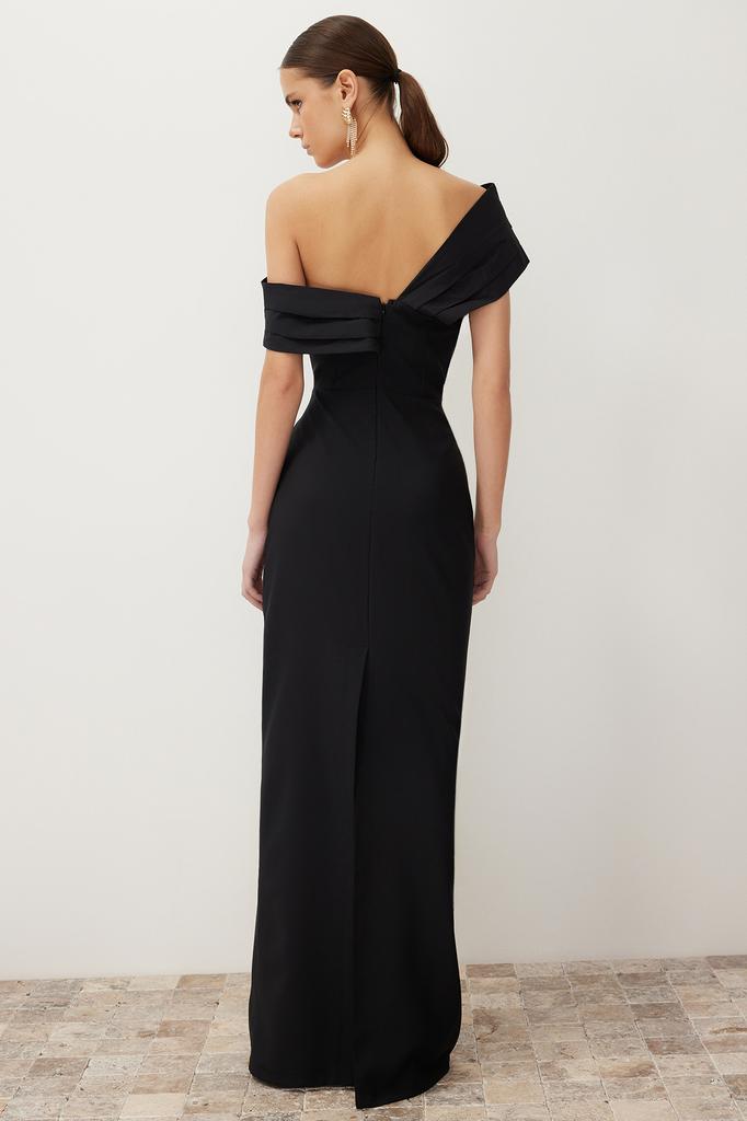 Women's Fashion New Evening Dress & Graduation Dress Black Fitted Asymmetrical Collar Poplin Detailed Long Evening Evening Dress