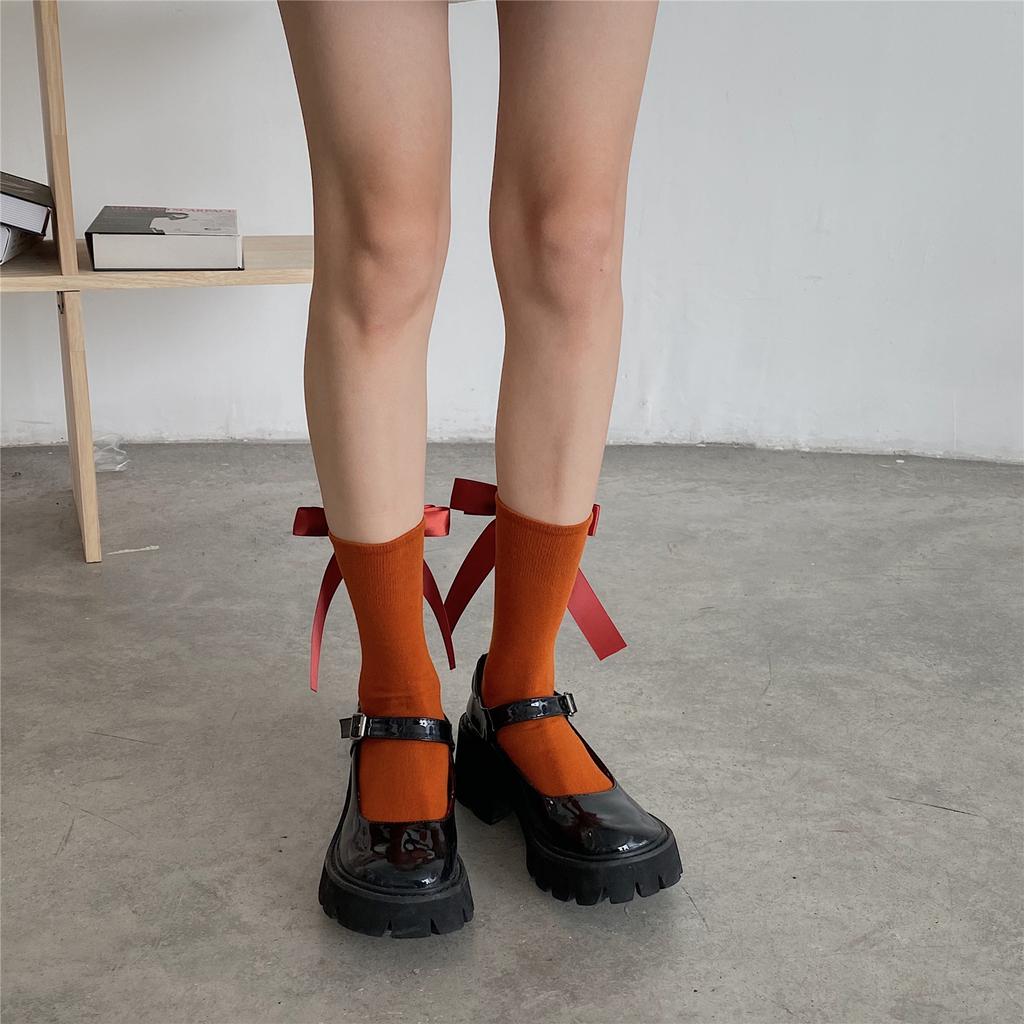 New Handmade Socks Lolita Cute Bow Cotton Mid Calf Women's Socks