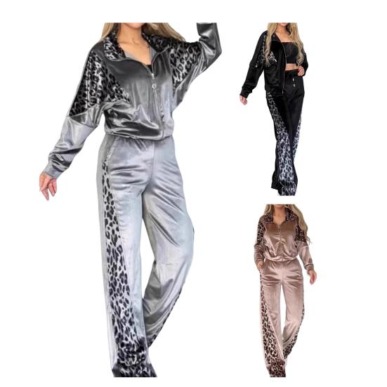 Женские бархатные спортивные костюмы с леопардовым принтом, состоящий из двух частей, для отдыха, толстовка на молнии и спортивные штаны с карманами