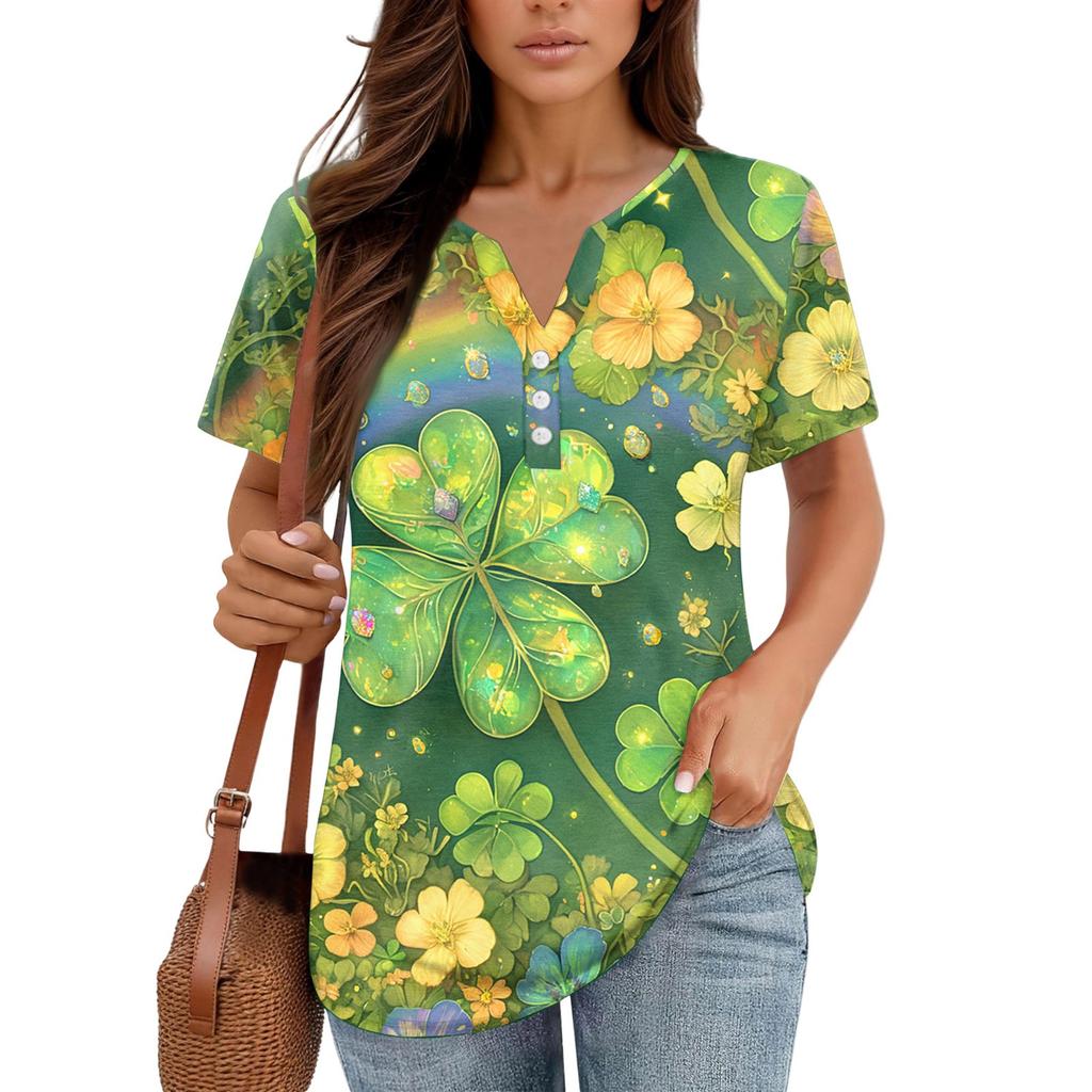 Women's T Shirt Tee Print Button Short Sleeve Daily Weekend Fashion Basic V- Neck Regular Top St. Patrick's Day