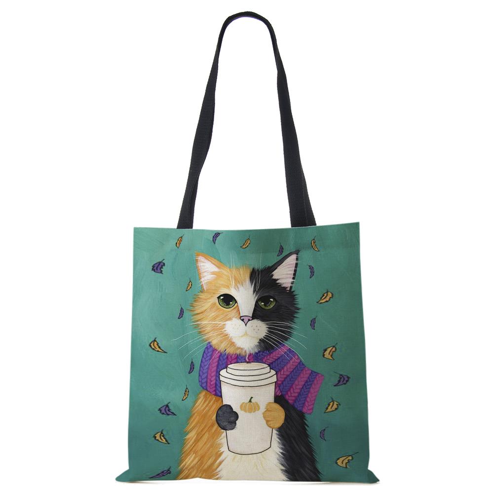 Сумка на плечо повседневная с милым принтом кошки, женская, для покупок, многоразовая, большая вместимость, холщовая, для путешествий, школы, пляжа, тоут-сумка CLE