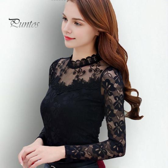 Women Bottoming Tops Stand Collar Long Sleeve Embroidery Lace Floral Pattern Pullover Tops Solid Color Slim Fit Mesh Yarn Tops