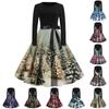 Women's Fashion Round Casual Slim Fit Christmas Print Large Swing Long Sleeve Dress